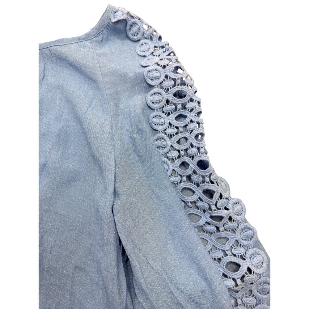 PerSeption Concept Lace Trim Blouse Womens L Blue Crochet Sleeve Front Tie Top - Picture 2 of 9